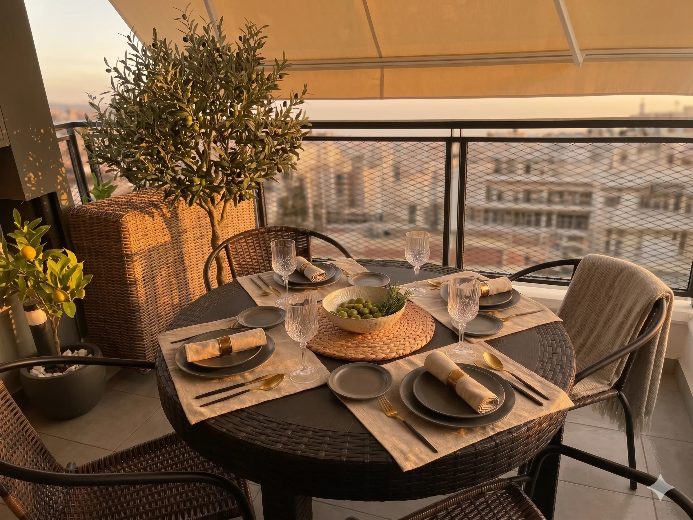 Balcony dining at golden hour with olive tree