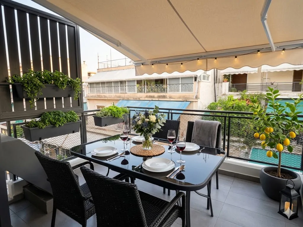 Balcony with lemon trees and dining table
