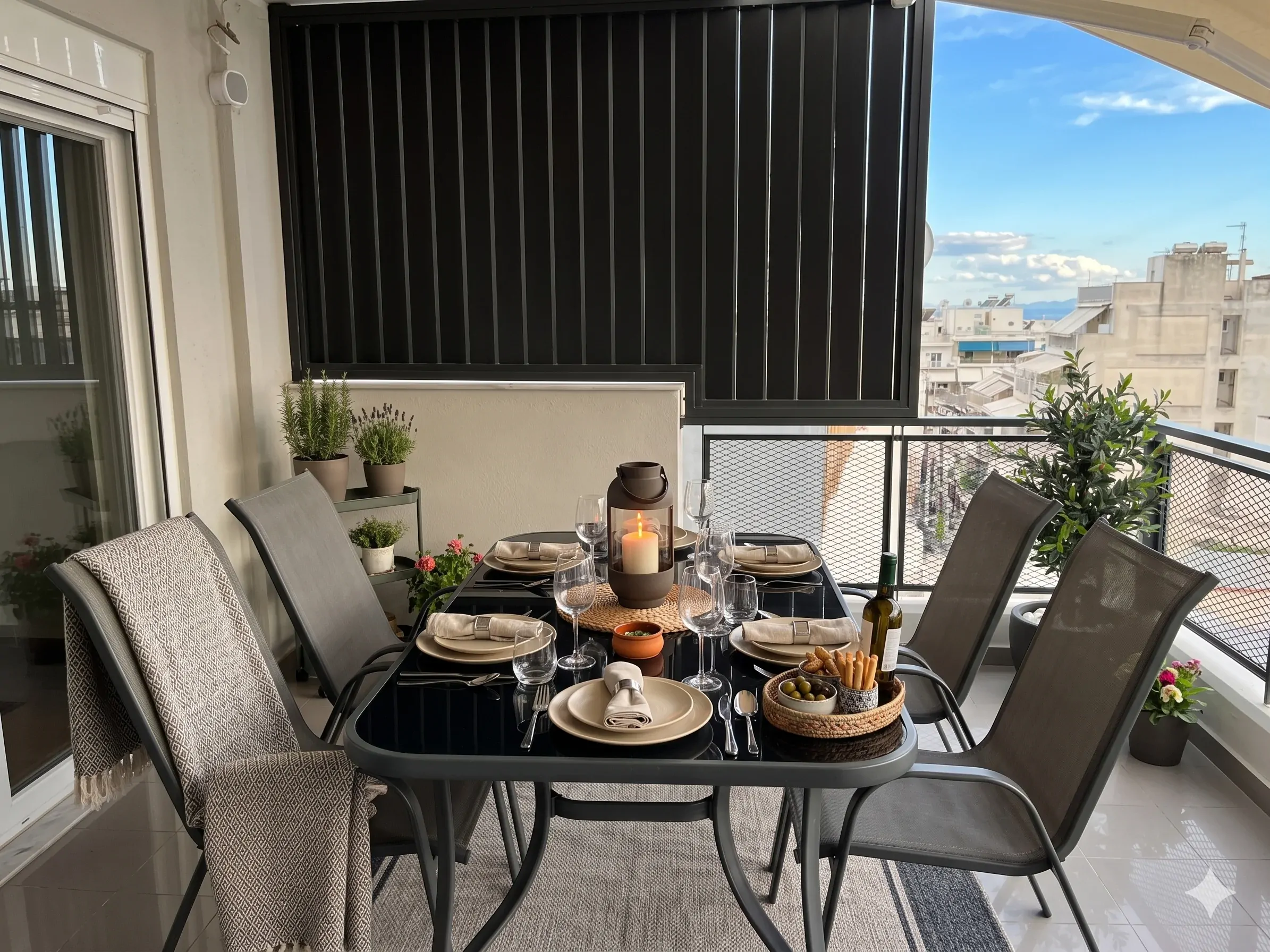 P7 balcony dining with Athens skyline view